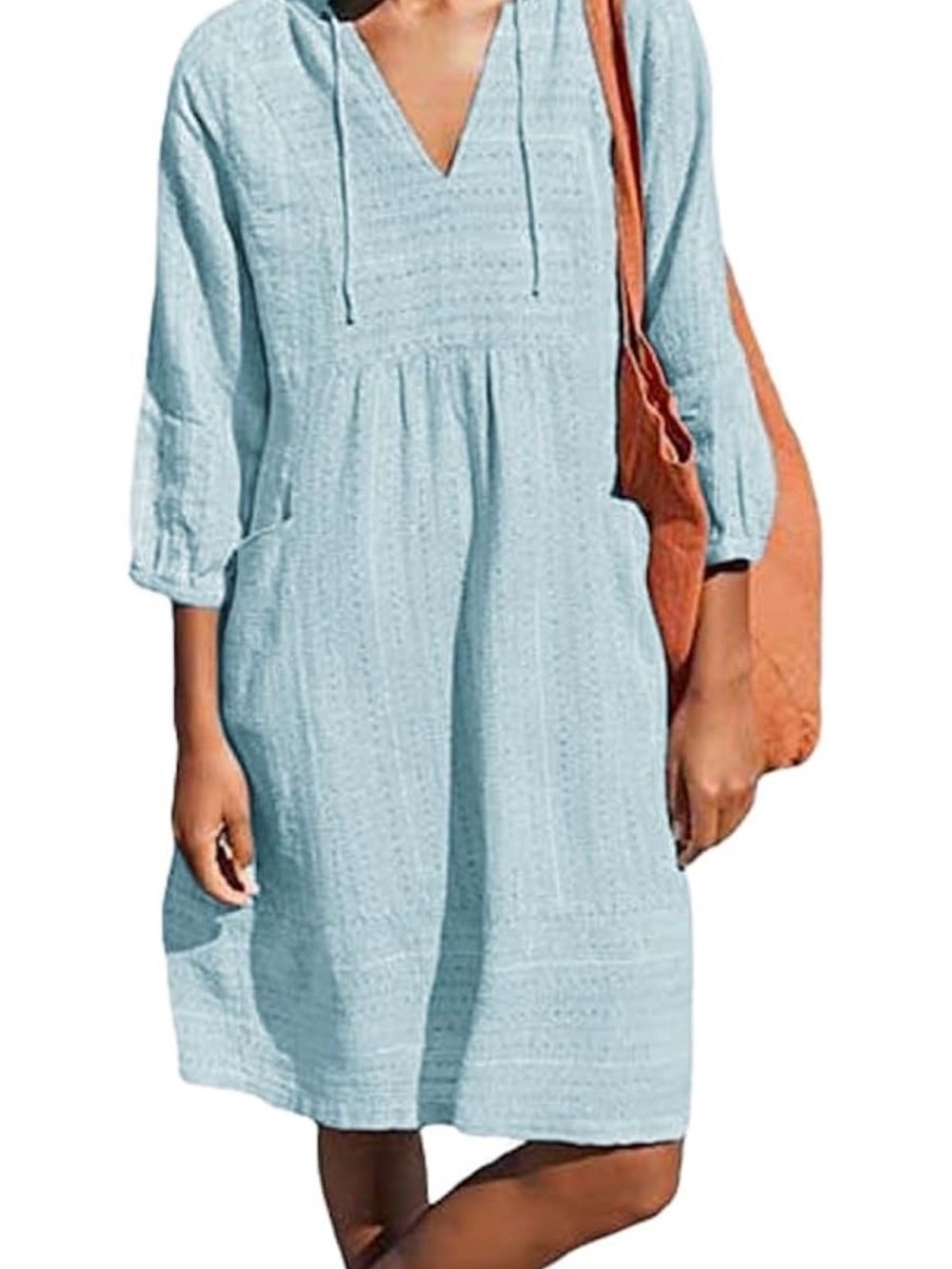 Light Blue Casual V-Neck Cotton Dress